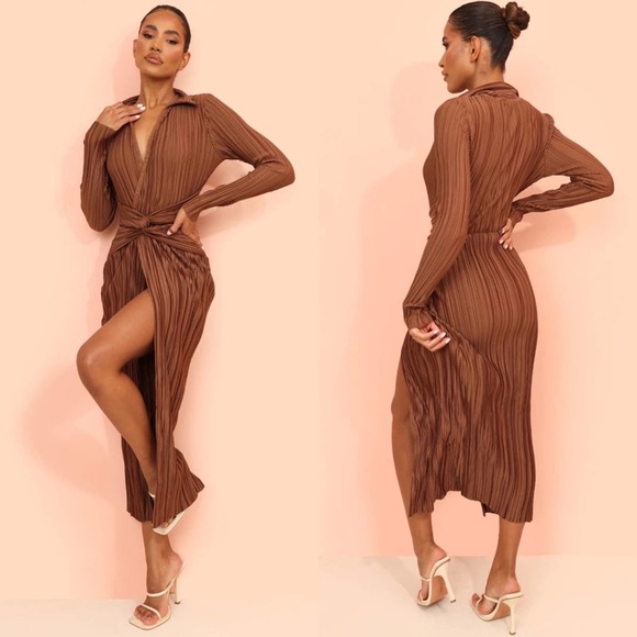 PrettyLittleThing Dresses & Skirts - PrettyLittleThing Chocolate Plisse Collar Detail Twist Midaxi Dress
